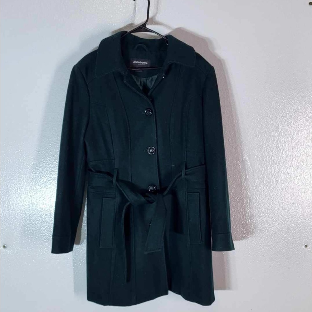 Liz Claiborne Wool Blend Trench Coat Women's XL Luxurious Winter Green w/ Belt